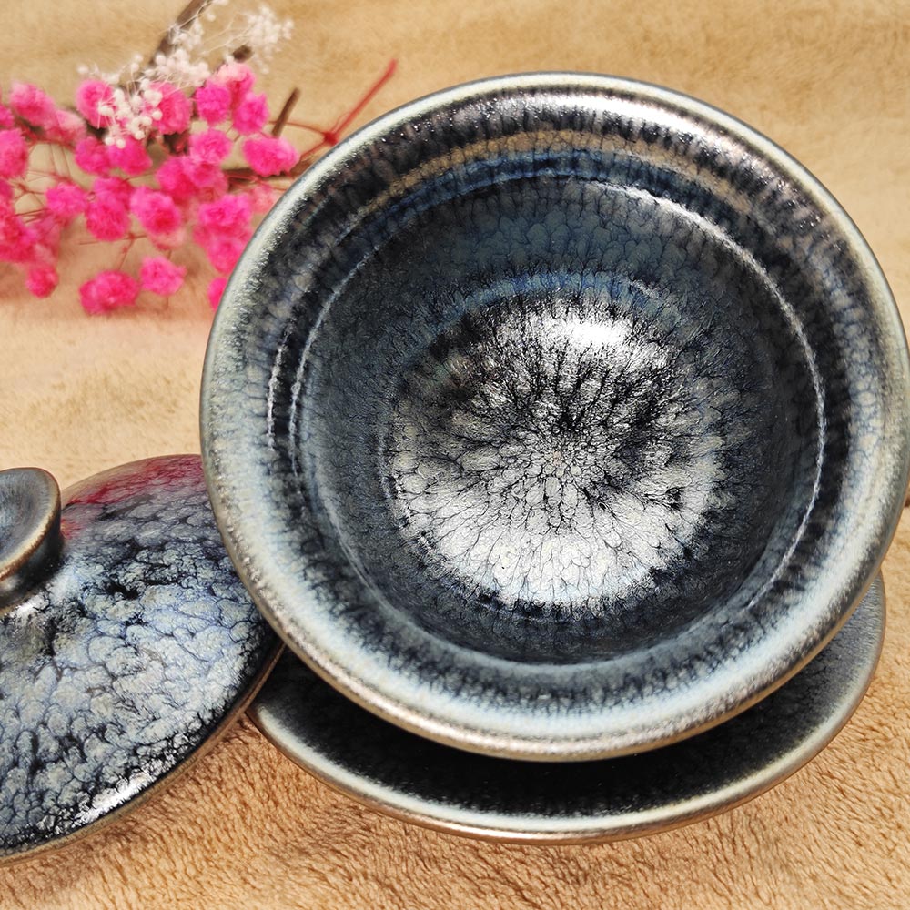 Silver Blue Hare's Fur Jianzhan Tenmoku Tea Cup