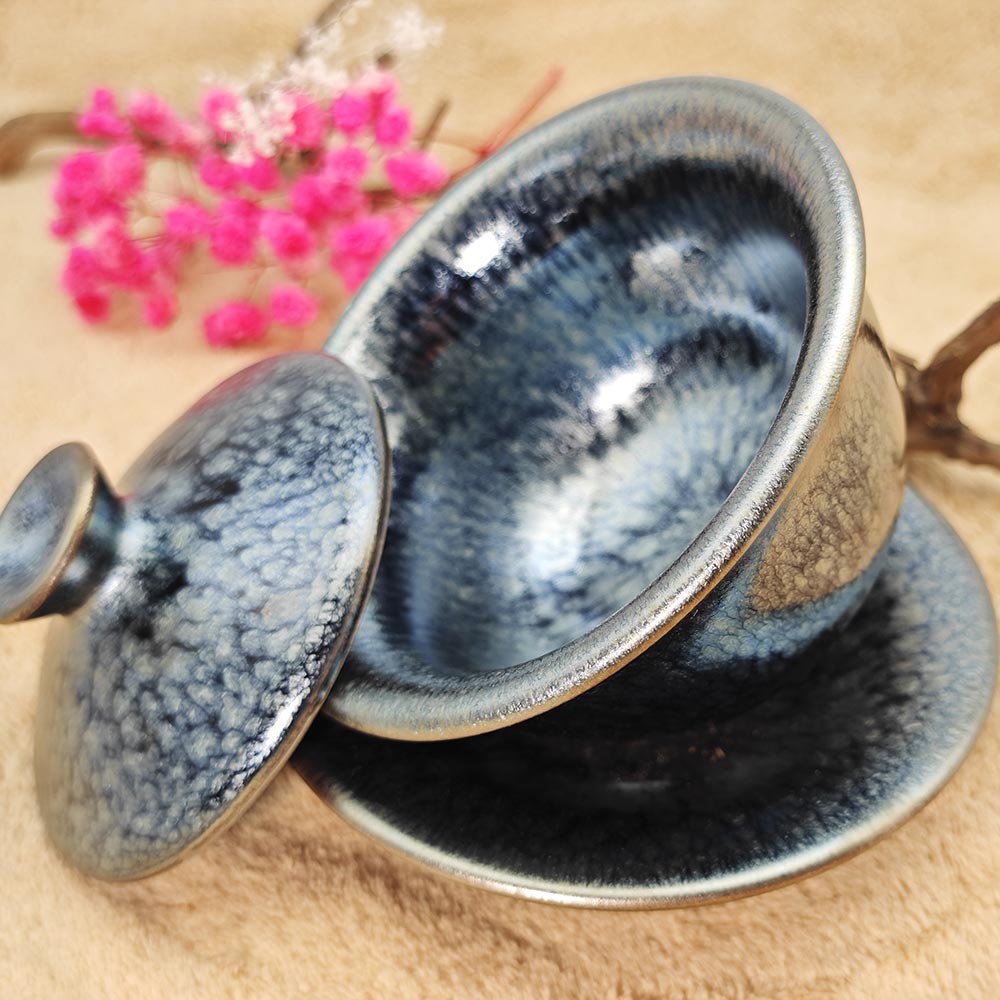 Silver Blue Hare's Fur Jianzhan Tenmoku Tea Cup